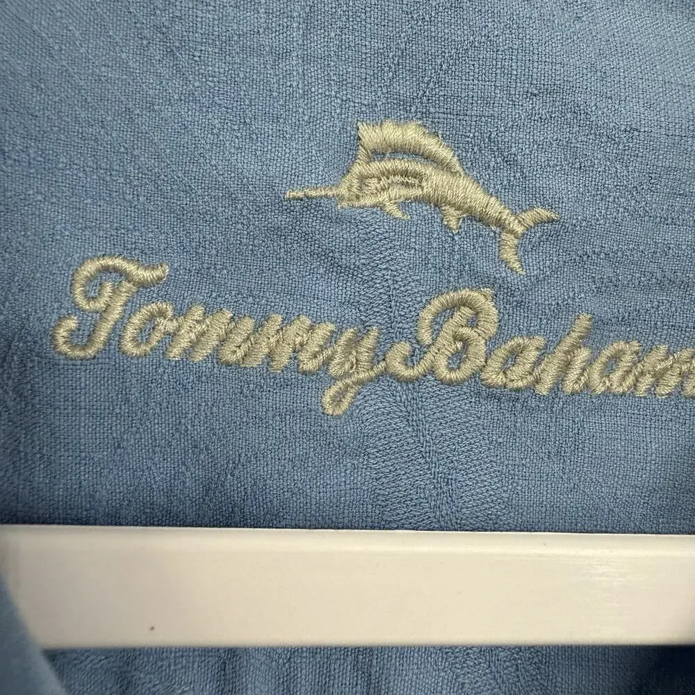 Tommy Bahama Button Shirt Size XXL Blue Silk Short Sleeve Loop Collar Coastal